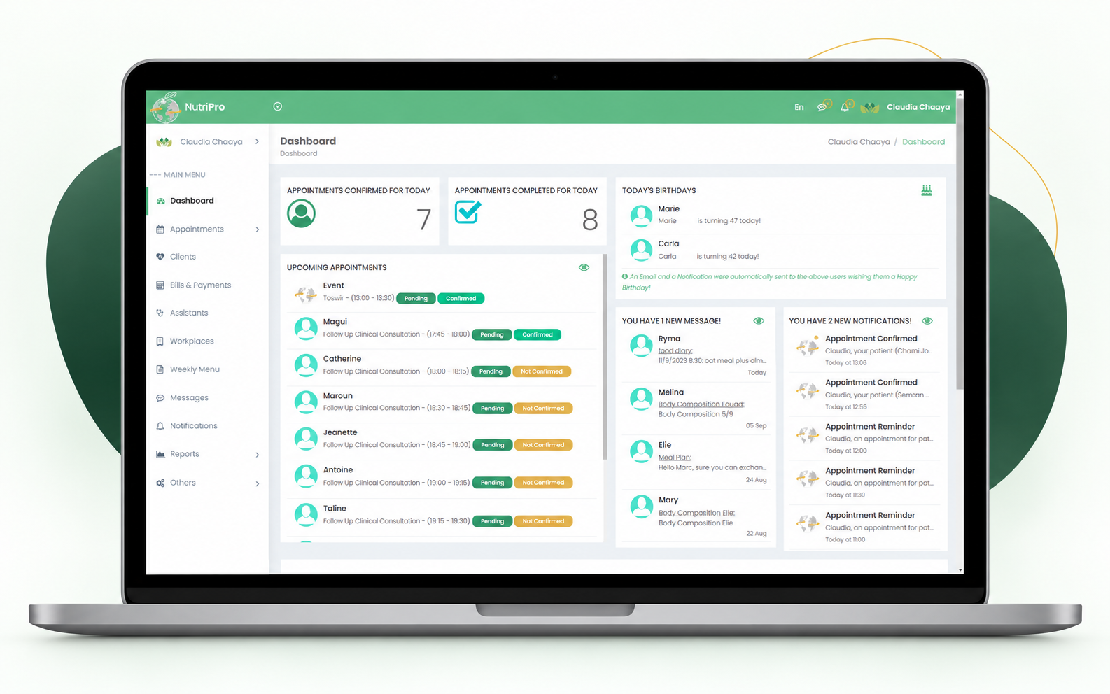 NutriPro web dashboard with appointments, messages and notifications