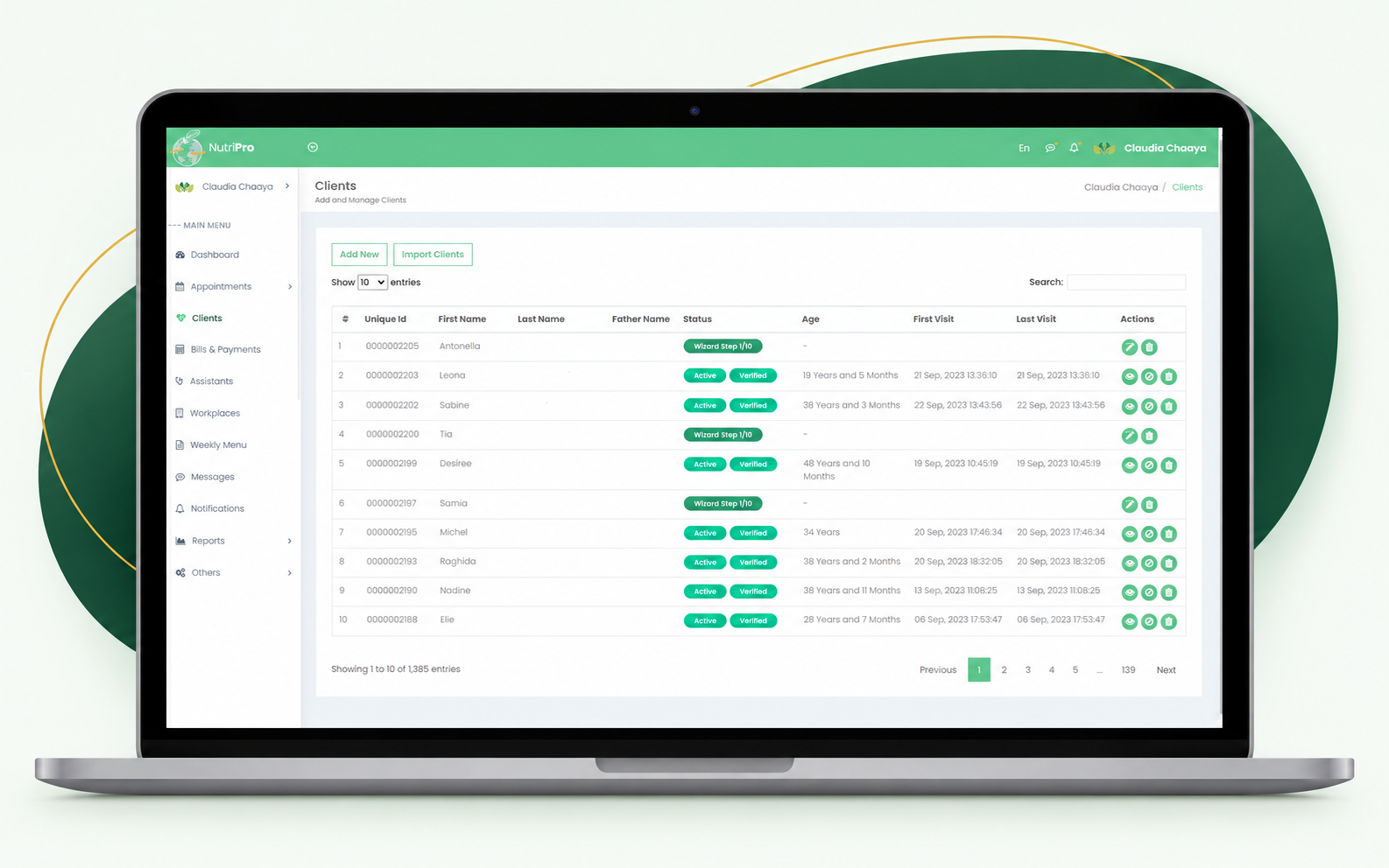 NutriPro client records interface